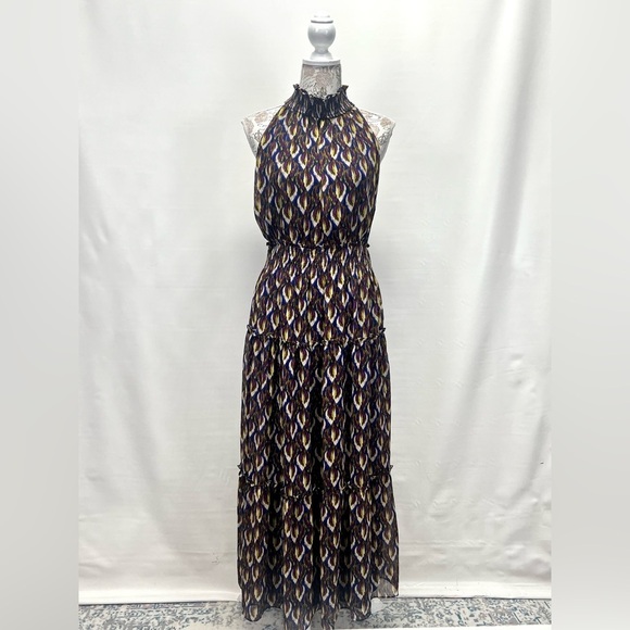 TAYLOR Navy/violet multi halter‎ neck chiffon tiered dress size 8. - Picture 4 of 14
